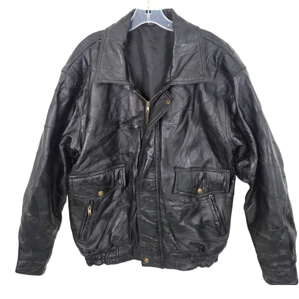 Vintage Patchwork Leather Bomber Jacker Mens Large Black 90s Heavyweight